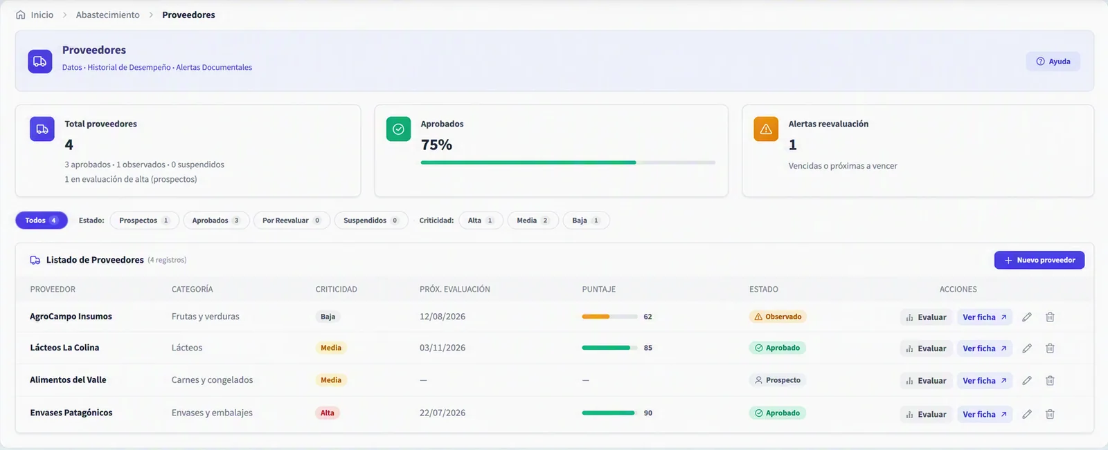Abastecimiento en QualityTracker365