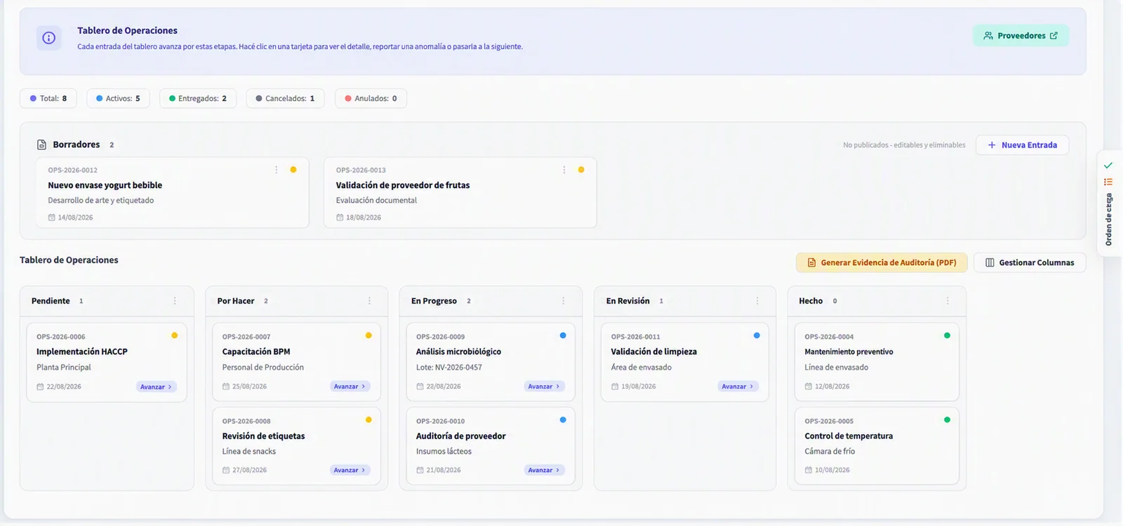Operaciones en QualityTracker365